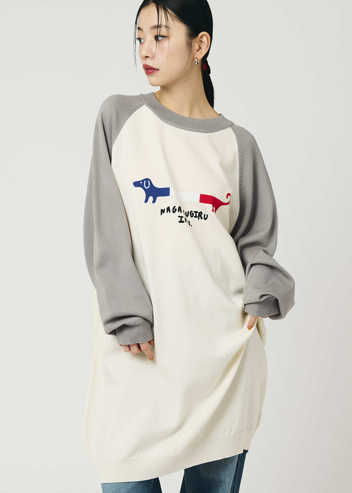 ナガスギルイヌボンジュールフランス｜ラグランニットワンピース